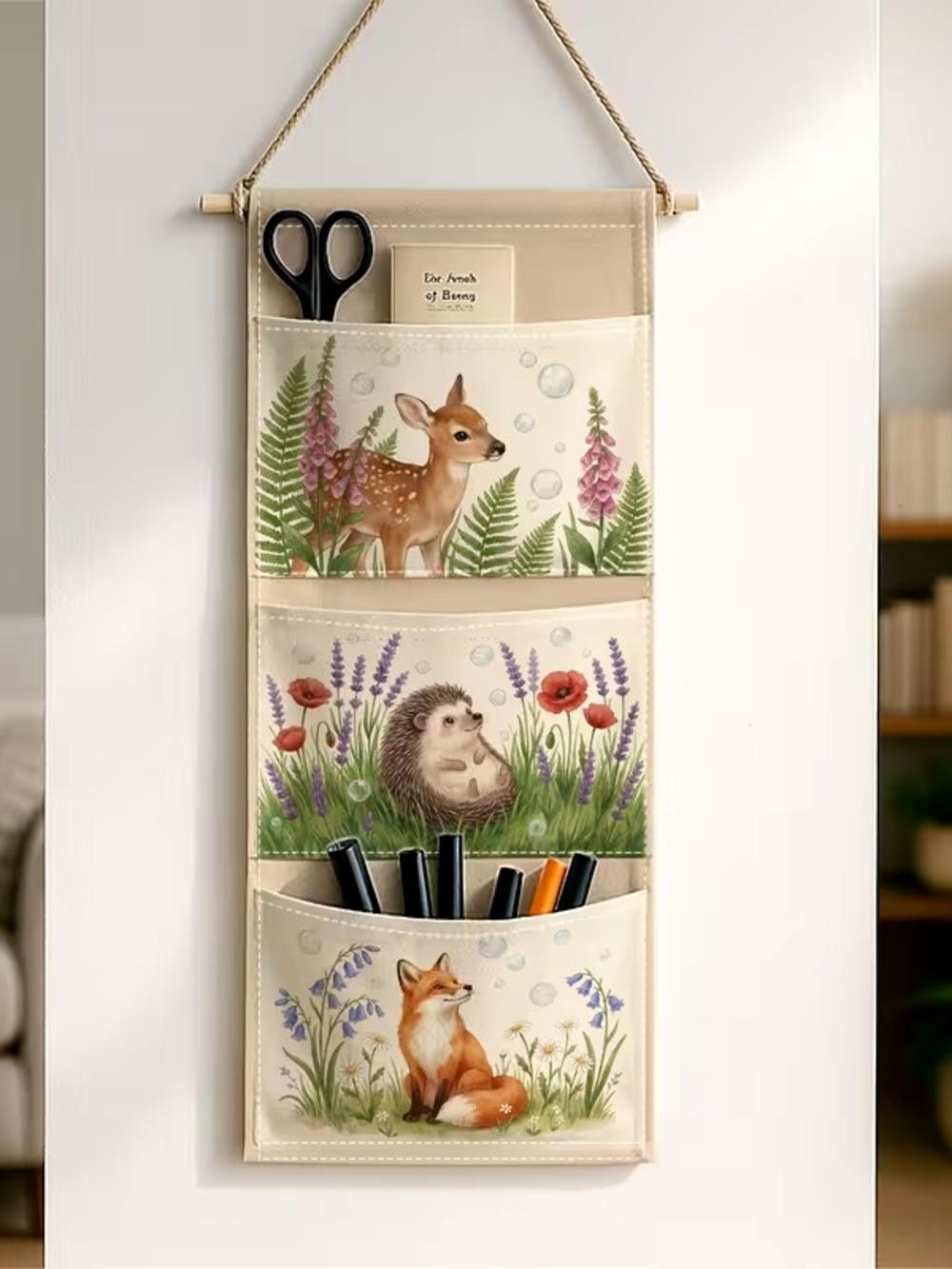 Wall Hanging Pocket Organizer - Cute Woodland Animal Design For Kids Baby Room